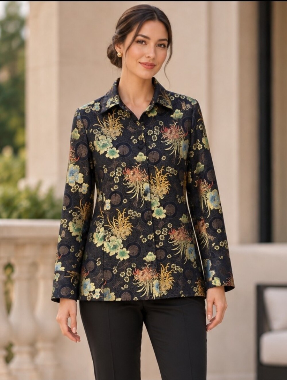 Silkland Floral Brocade Jacket Navy Gold Button Front Dressy Evening Womens 8